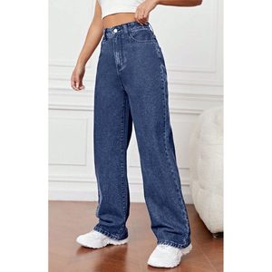 Stylish Fashion <b>Women</b> <b>Stretch</b> Cotton Wide Leg Stone Blue <b>Jeans</b> High Rise Loose Fit Durable Denim Plating Eco-Friendly Modern - Product Image 2