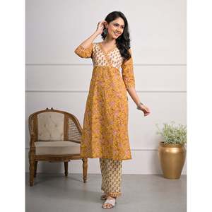 Yellow Cotton <b>Block</b> <b>Printed</b> Salwar Kameez Pant Set of 2 Elegant <b>Printed</b> Cotton Pant with Kameez - Product Image 3