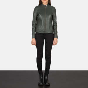 Chaqueta de Cuero Verde con Cuello Alto Estilo Motero para Otoño - Product Image 3