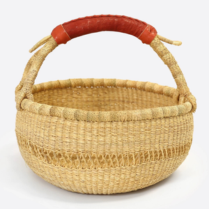 African Handmade Bolga <b>Basket</b> with Leather Wrapped Handle for Decorative Storage and Stylish Market Carry - Product Image 5