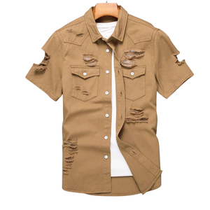 Chemise en jean kaki déchiré pour homme, manches courtes, boutonnée, style streetwear décontracté, 100 % coton sergé, haut léger tendance été - Product Image 1