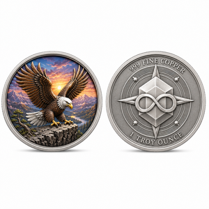 Pièce de monnaie ronde personnalisée de 1 once de Troy, en cuivre fin 999, avec aigle <span class=keywords><strong>chauve</strong></span> en relief 3D, impression UV, motif Montagne Coucher de Soleil Infini, cadeau de collection - Product Image 1