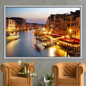 Obra de arte impresa en lienzo con paisaje urbano de Venecia, elegante decoración de pared, regalo, 1 pieza: con marco blanco - Product Image 1