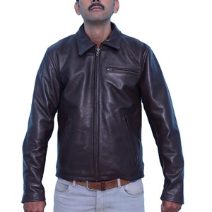 Casual cowhide <b>leather</b> <b>jacket</b> Top quality zipper brown <b>leather</b> <b>cafe</b> <b>racer</b> <b>jacket</b> - Product Image 1