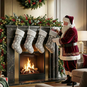 Chaussette de Noël grise de 43 cm avec motif de sapin blanc brodé, en tissu écossais, en forme de Père Noël - Product Image 4