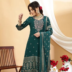 Traditional Indian Designer Rayon Fabric Embroidered Rama Kurtis Women's Latest <b>Three</b> Piece Ethnic Wear A-Line <b>Three</b> Quarter - Product Image 1
