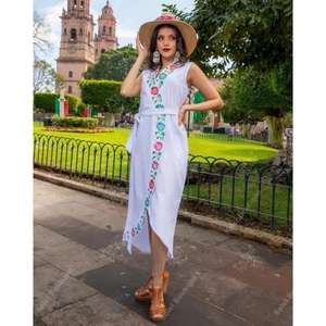 Women Yellow Embroidered Wrap <b>Dress</b> Mexican Ethnic Handmade Cotton <b>Maxi</b> Natural Waist Tie Boho Summer Eco-Friendly Boutique Wear - Product Image 1