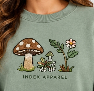 Sudadera Verde de Cuello Redondo para Mujer, Marca Index Apparel, Manga Larga, Diseño Floral con Bordado de Hongos, Estilo Casual para Otoño - Product Image 6