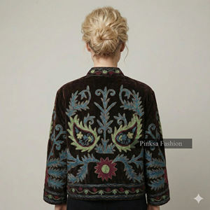 Veste Suzani en velours de coton tricoté à la main |   Manteau d'automne/hiver bohème pour femmes |   Broderie à motifs floraux écologiques - Product Image 3