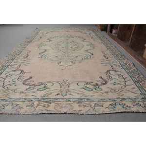 Alfombra turca vintage Beige verde 5,6 X 9.5ft tejido plano de lana con patrón de retazos para decoraciones de sala de estar o uso en el pasillo - Product Image 2