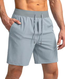 กางเกงวิ่งเอวกลางเอวสูงสำหรับผู้ชายกางเกงขาสั้นผ้าแคนวาสเอวยางยืดแบบถักย้อมสีล้วนมีบริการ OEM ตามสั่ง - Product Image 2