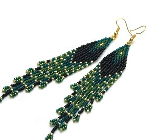 <b>Emerald</b> Green Ombre Earrings Beaded Dangle Earrings Gypsy Beadwork Earrings Long Dark Green Seed Bead Earrings Elegant Gift for - Product Image 1