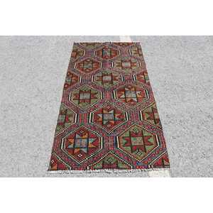 Tapis Kilim vintage 2,9x5,4 pi (88x164 cm), tapis turc rouge Ikat - Product Image 1
