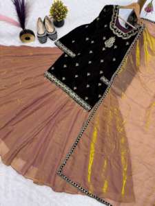 Ensemble Lehenga Palazzo en velours de créateur à prix avantageux, avec dupatta, pour les occasions de mariage, de fête ou traditionnelles - Product Image 4