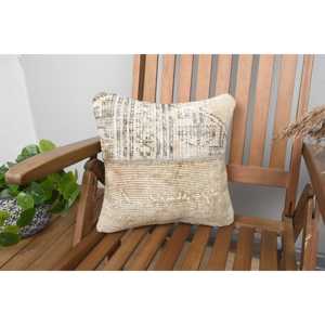 Beige Wool Kilim Patchwork Pillow 14x14 Inch Luxury Vintage <b>Fluffy</b> Embroidered Rustic Throw Pillow for <b>Bedding</b> or Floor Use - Product Image 1