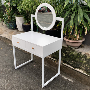 Modern White <b>Dressing</b> <b>Table</b> with LED Lighted Round <b>Mirror</b> and 2 Drawers Iron Legs BTD68019 Makeup <b>Vanity</b> for Hotels - Product Image 3