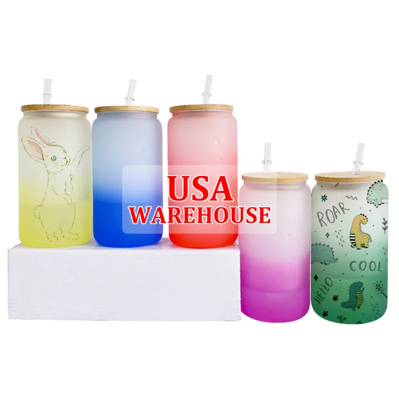 USA warehouse 16oz 20oz color change can glass beer frosted color changing glass can with bamboo lid and straw for sublimation
