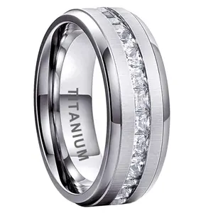 Coolstyle Jewelry 8mm Titanium Ring For Men Women Princess Cubic Zirconia CZ Inlay Fashion Eternity Engagement Wedding Band