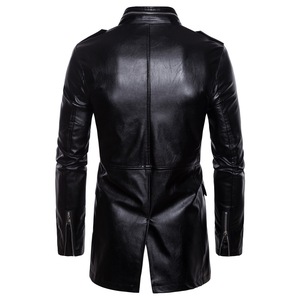 Printemps et automne Nouveau manteau long en cuir pour hommes Col noir Veste en cuir de moto à fermeture éclair à quatre poches Veste longue pour hommes. - Product Image 3