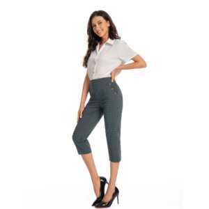 Pantalones Capri Casuales a Cuadros de Cintura Alta, Silueta Lápiz, Elásticos, Cortos de Verano con Botones para Atuendos Informales - Product Image 4