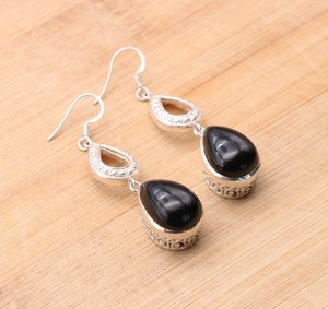 Boucles d'oreilles pendantes en argent sterling avec onyx noir en forme de poire, pierre précieuse naturelle, bijoux élégants, cadeaux pour femmes - Product Image 5