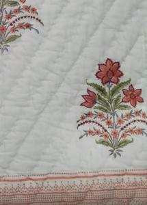 Hand Block Printed Reversible Organic Cotton <b>Kantha</b> <b>Quilt</b> White Peach Floral Design Double-Sided Razai Lightweight King Size - Product Image 3