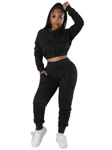 Automne hiver vente en gros Vintage à manches longues fermeture éclair sweat à capuche taille haute pantalon évasé serré vêtements de sport 2 pièces ensemble femmes - Product Image 3