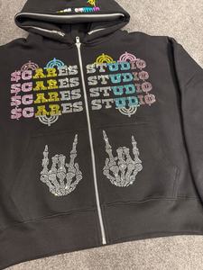 Sudadera con capucha y cremallera con diamantes de imitación de alta calidad hecha a medida, sudadera con capucha con diamantes de imitación de algodón pesado, Sudadera con capucha bordada 500 GSM - Product Image 2