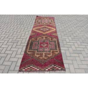 Tapis en laine turque vintage classique 3X9.4ft marron et beige style patchwork support en latex à tissage plat pour la décoration du salon utilisation en voiture - Product Image 1
