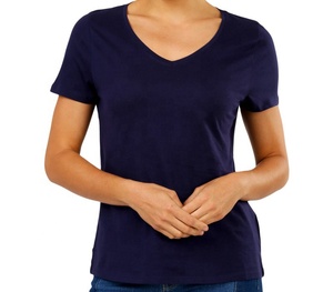 Camisetas Clásicas de Cuello en V para Mujer al por Mayor 2026, Camiseta de Mujer, Camiseta de Cuello en V Lisa de Algodón Puro, Azul Oscuro, Transpirable - Product Image 1