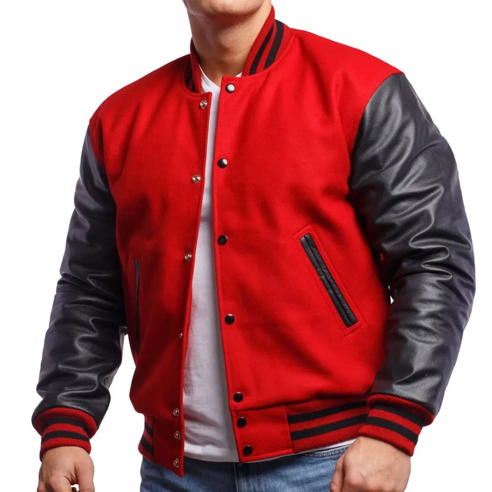 Red Wool Body & Black Leather Sleeves Letterman Jacket Winter Chenille Embroidery Patch Baseball Jacket Men Plain Varsity Jacket