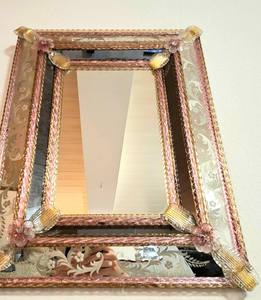 <b>Vintage</b> Venetian <b>Mirror</b> with Pink & <b>Gold</b> Murano Art Glass Accents - Product Image 2