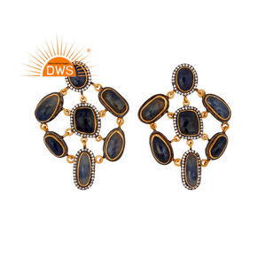 Vente chaude en argent Sterling plaqué or naturel Cz et bleu saphir pierres précieuses lustre boucle d'oreille Demi Fine fabricant de bijoux - Product Image 3