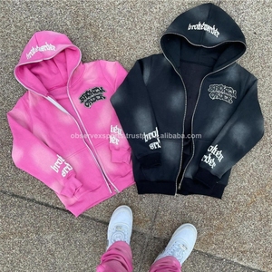 Personalizado Chenille bordado 3D Logo Full Face Zip up Hoodie Set Mujeres Sweatsuit Cotton Sun Faded Unisex Chándal - Product Image 4