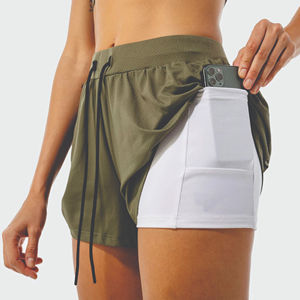 Shorts pour femmes à taille mi-haute, 100% coton, taille élastique, sportifs, poche cachée, doublure respirante, séchage rapide, coupe ajustée, Olympiad Industries - Product Image 4