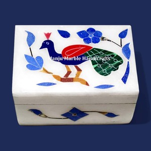 Peacock Design Inlay Art On Pure White Marble Box With Handmade Work <b>Top</b> Quality For Home Decor And Jewelry Gifts Item - Product Image 1