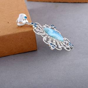 Auténtico Larimar colgante hermoso collar 925 plata esterlina diseñador colgante azul pectolita neón apatita su regalo - Product Image 2