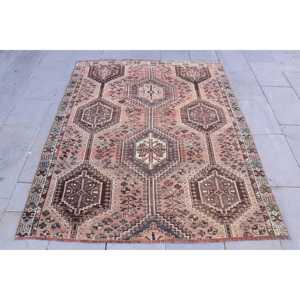 4.7x5.8 ft Vintage Rug, Turkish Rug, <b>Brown</b> Check <b>Wool</b> Rug - Product Image 1