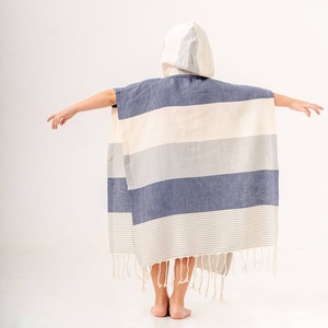 Block Stripe Kids <b>Hooded</b> <b>Towel</b> Poncho Grey & Blue / Pink & Turquoise, Ages 2-5 - Product Image 2