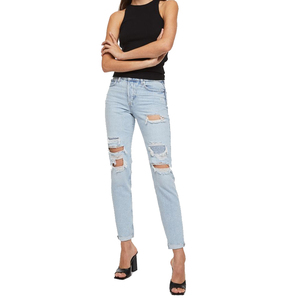Pantalones vaqueros azules rasgados para mujer al por mayor, pantalones vaqueros ajustados elásticos de cintura alta para mujer, pantalones vaqueros informales destruidos - Product Image 1