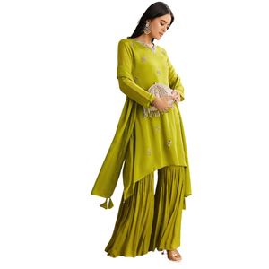 Chinon verde Kurta Sharara asimmetrico con Dupatta unico Designer etnico vestito per matrimoni - Product Image 4