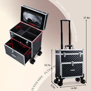 Valise de maquillage à roulettes avec tiroir et sac amovible, grande boîte de rangement pour cosmétiques, idéale pour les techniciennes en manucure et les coiffeuses - Product Image 6