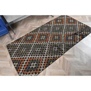 3.6x6.7 ft Turkish Area <b>Rug</b>, <b>Black</b> Orange Vintage Check Wool <b>Rug</b> - Product Image 4