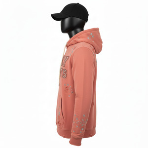 Sudadera con Capucha Estilo Básico, Color Durazno, Tejido de Felpa Suave de 330 a 350 GSM, Estilo Desgastado, Logotipo Personalizado con Pedrería y Bordado - Product Image 3