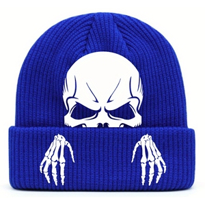 Hombres Mujeres Venta al por mayor Halloween Personalizado jacquard Invierno Tie-Dye Knit Beanie Hat Acrílico Cálido Slouchy Skull Cap con cuero - Product Image 5