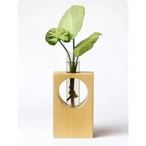 Vase en verre sur support en bois, style moderne, pour plantes, décoration minimaliste pour la maison et le bureau - Product Image 1