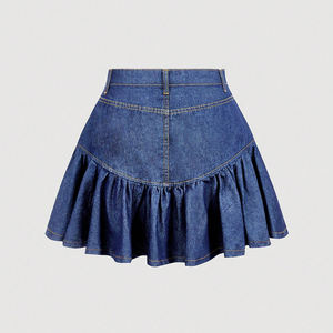 2026 Custom Logo Bestselling Women's Empire Waist <b>Denim</b> Mini <b>Skirt</b> Dark Blue with Pockets Breathable Casual - Product Image 3