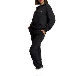 <b>Women</b> <b>Black</b> Half Zip <b>Sweatshirt</b> and Straight Leg Jogger Set Heavyweight Cotton Fleece Casual Tracksuit for Wholesale Supply - Product Image 1