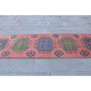 พรมวินเทจ ขนาด 2.9x11.7 ฟุต สีแดงน้ำเงิน ลายพิมพ์นามธรรม พรมขนสัตว์ตุรกี - Product Image 4