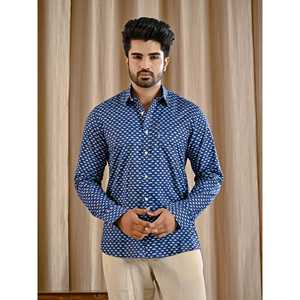 Chemise décontractée bleue 100% coton imprimée à manches longues, tissu popeline respirant, motif floral et à pois, taille 6XL, offre ODM - Product Image 1